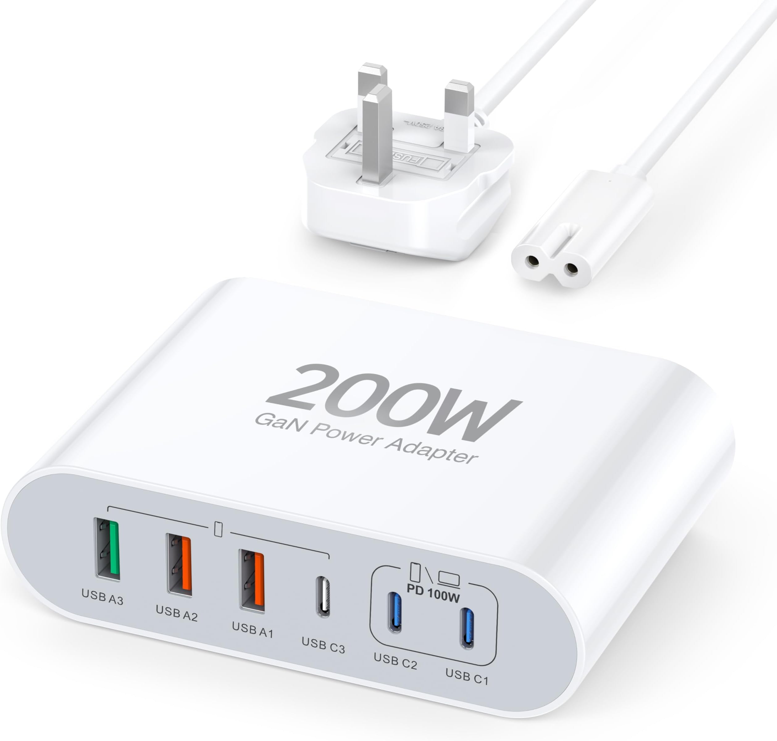 200W USB C Charger Block, 6 Port USB C Fast Charger, Charging Station Hub Keep your Desk Tidy, Laptop Power, Portable Adapter for MacBook Pro Air iPad Pro iPhone 15 14 13 12 Galaxy (White)