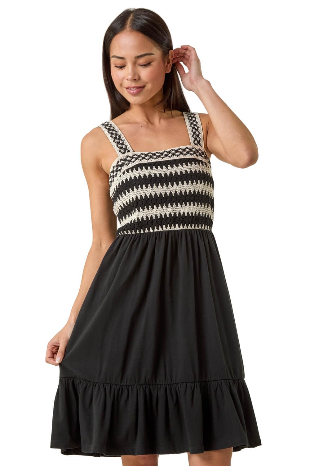 Roman Women's Petite Crochet Bodice Strap Dress in Black | Size: 16