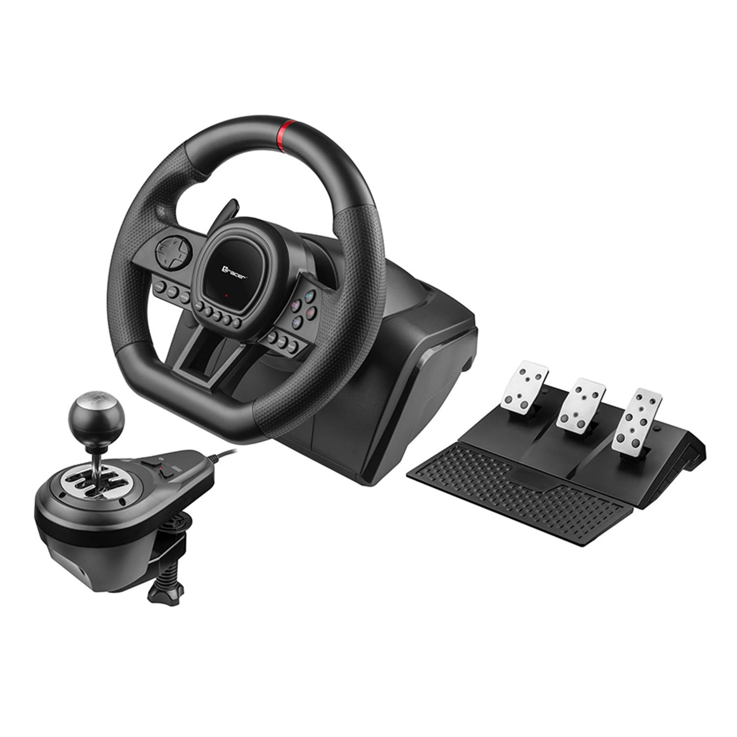 Tracer SimRacer Manual Gearbox Volante 6 in 1, Volante da corsa da gaming con pedali e leva del cambio, compatibile con PC/PS4/PS3/XONE/X360/SWITCH, Angolo di sterzata di 270 gradi, 8 Pulsanti