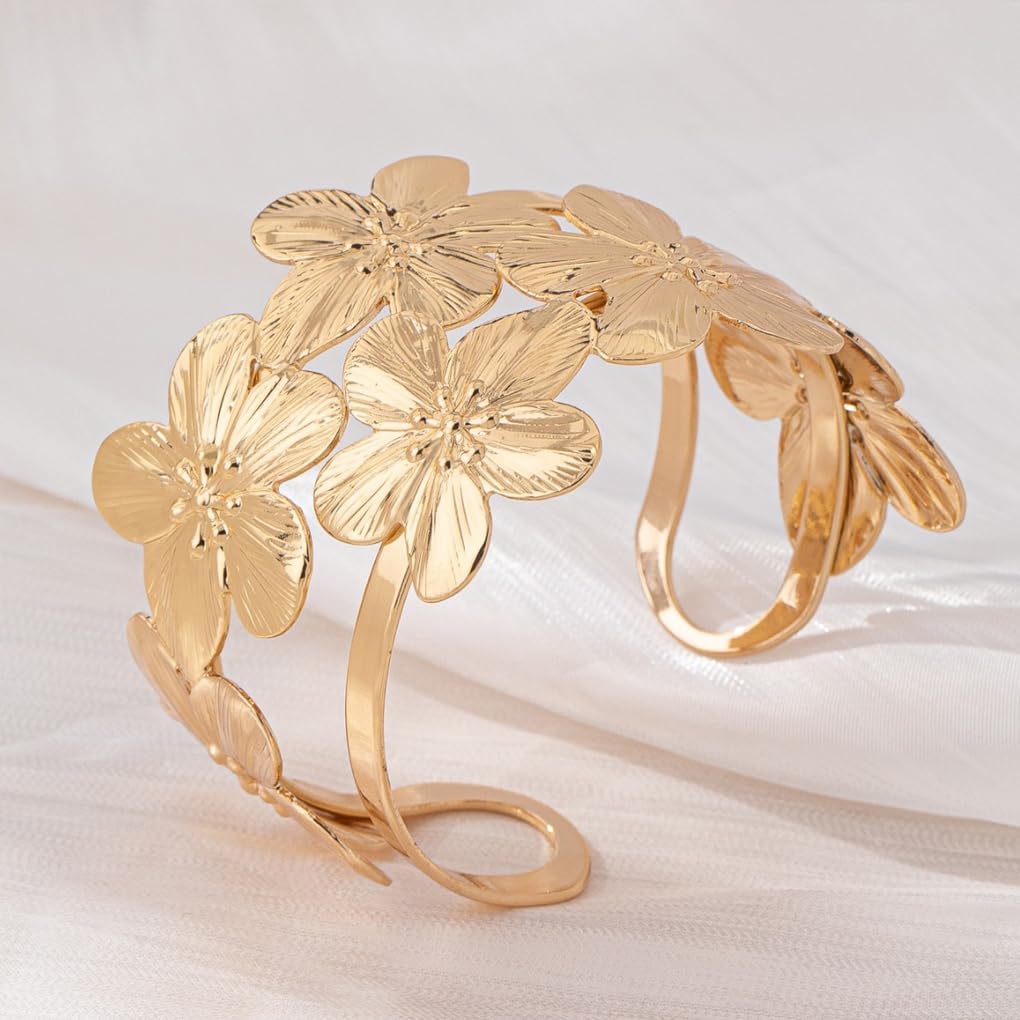 Chunky Gold Bangles for Women,Vintage Flower Cuff Bracelet Trendy Floral Statement Bangle Bracelets,Aesthetic Everyday Jewelry Accessories Gifts - Image 7