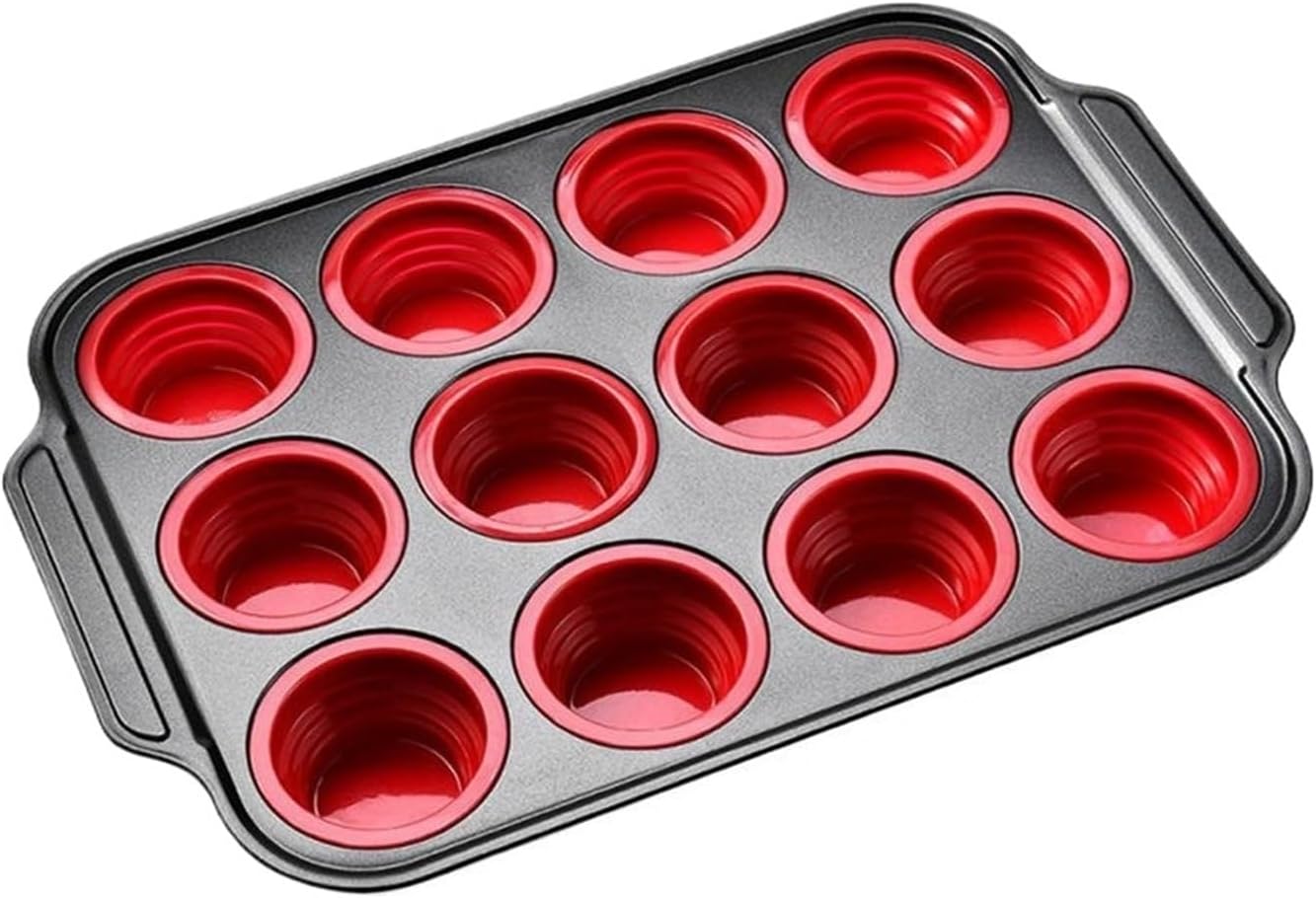 12-Cup Food-Grade Silicone Muffin Pan Nonstick Baking Mold Easy Release Dishwasher Safe for Kitchen Cooking(Red)
