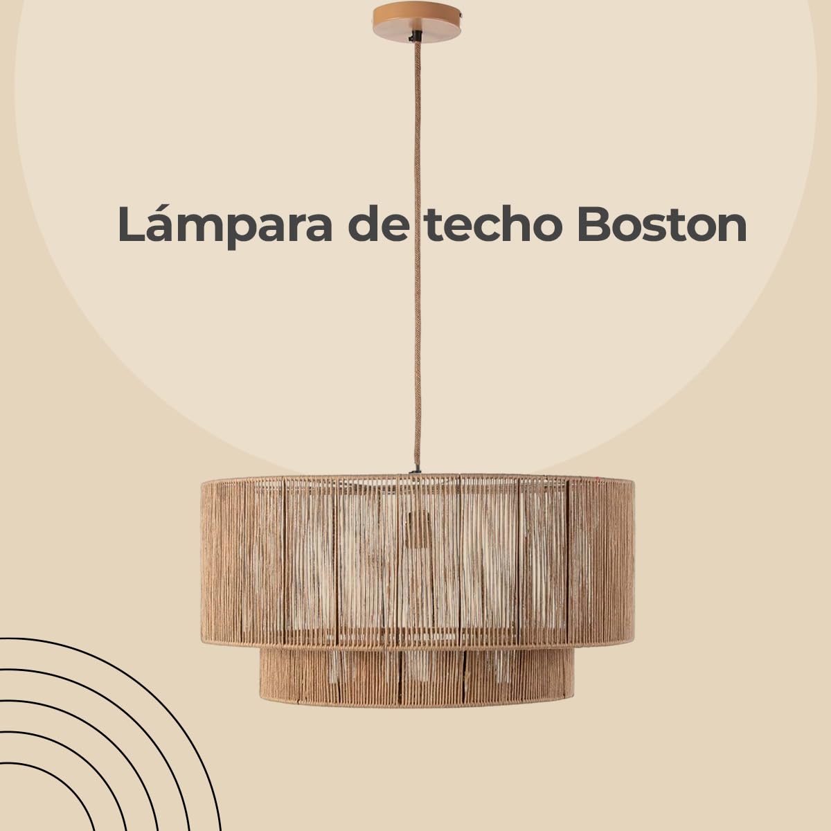 Els Banys - Lámpara de Techo Modelo Boston - Estructura Metálica y Acabado en Cuerda Natural Marrón – Ø60cm x 30cm – Cable de 180 cm – Casquillo E27 – Estilo Natural y Acogedor