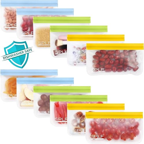 SPLF Paquete de 12 bolsas reutilizables aptas para lavavajillas, bolsas de almacenamiento reutilizables sin BPA, extra gruesas, a prueba de fugas, SPLF Paquete de 12 bolsas reutilizables aptas para lavavajillas, bolsas de almacenamiento reutilizables sin BPA, extra gruesas, a prueba de fugas,