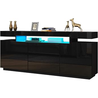 Black Sideboard with LED Lights Sideboard 160 cm with 2 Doors 3 Drawers