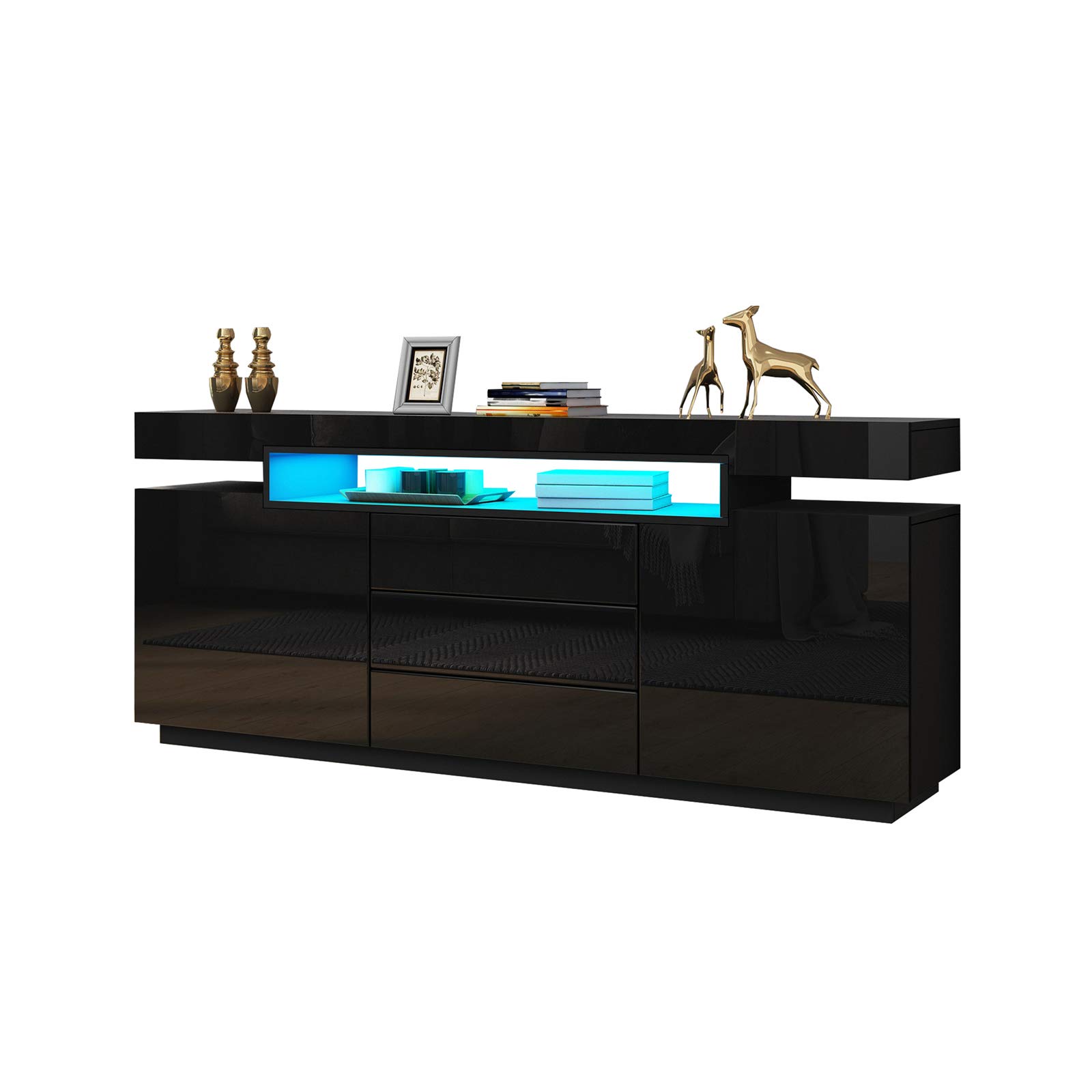 Schwarz Sideboard mit Led Lights, Sideboard 160cm mit 2 Türen 3 Schubladen