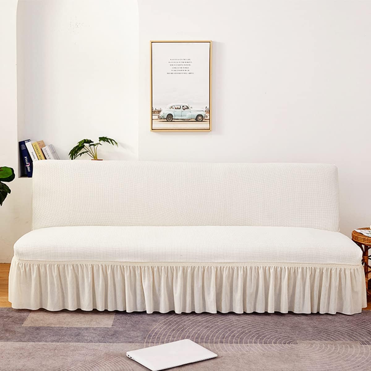 Armless Sofa Cover with Skirt Ruffled Stretch Futon Covers Full Size Soft Highly Elastic Sofa Bed Slipcover for Living Room, Bedroom White 150-190cm
