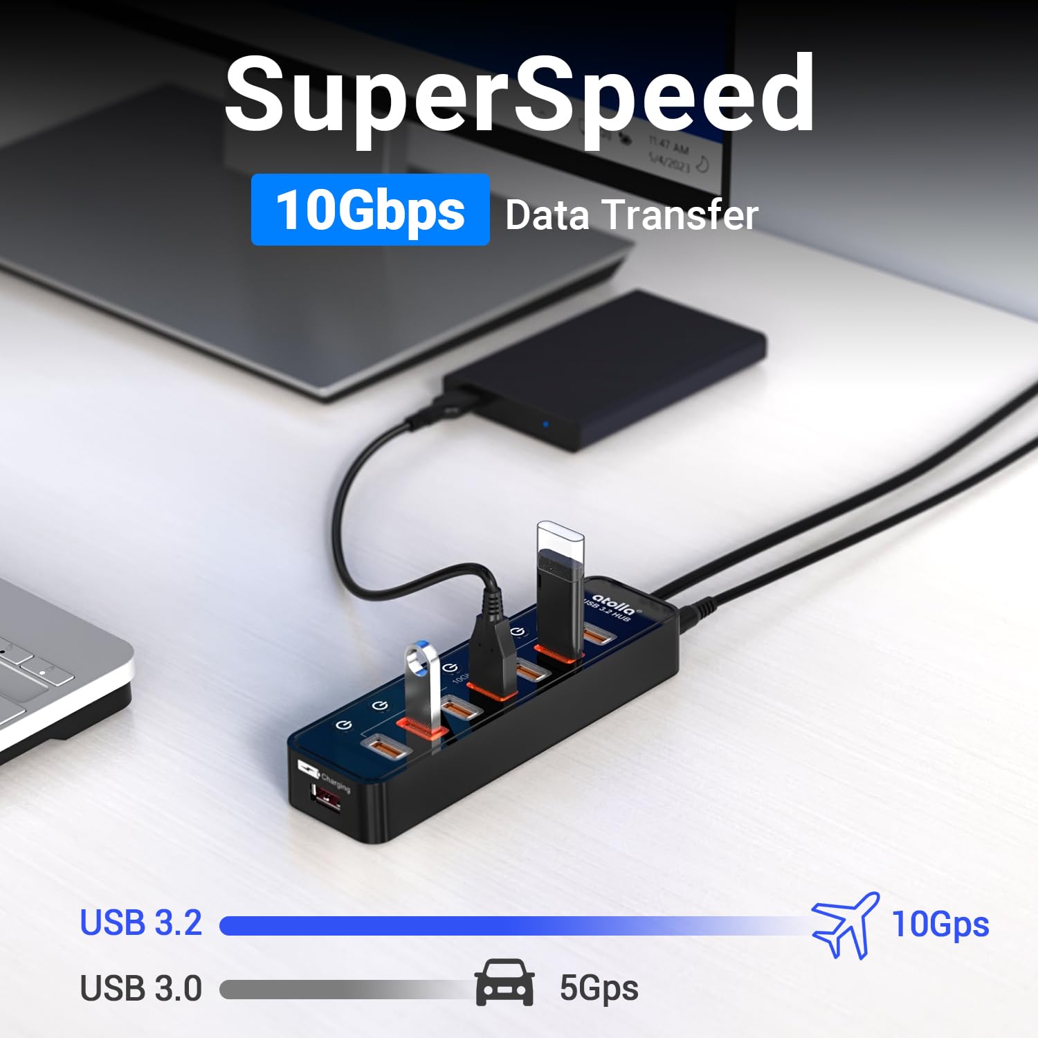 atolla - Concentrador USB 3.2 con 8 puertos USB 3.2/USB C, concentrador USB C alimentado con 7 puertos USB-A de 10 Gbps + 1 puerto de carga inteligente, interruptores de encendido/apagado individuales
