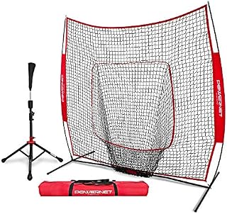 PowerNet Baseball Softball Practice Net 7x7 with Deluxe Tee (Red) | Practice Hitting