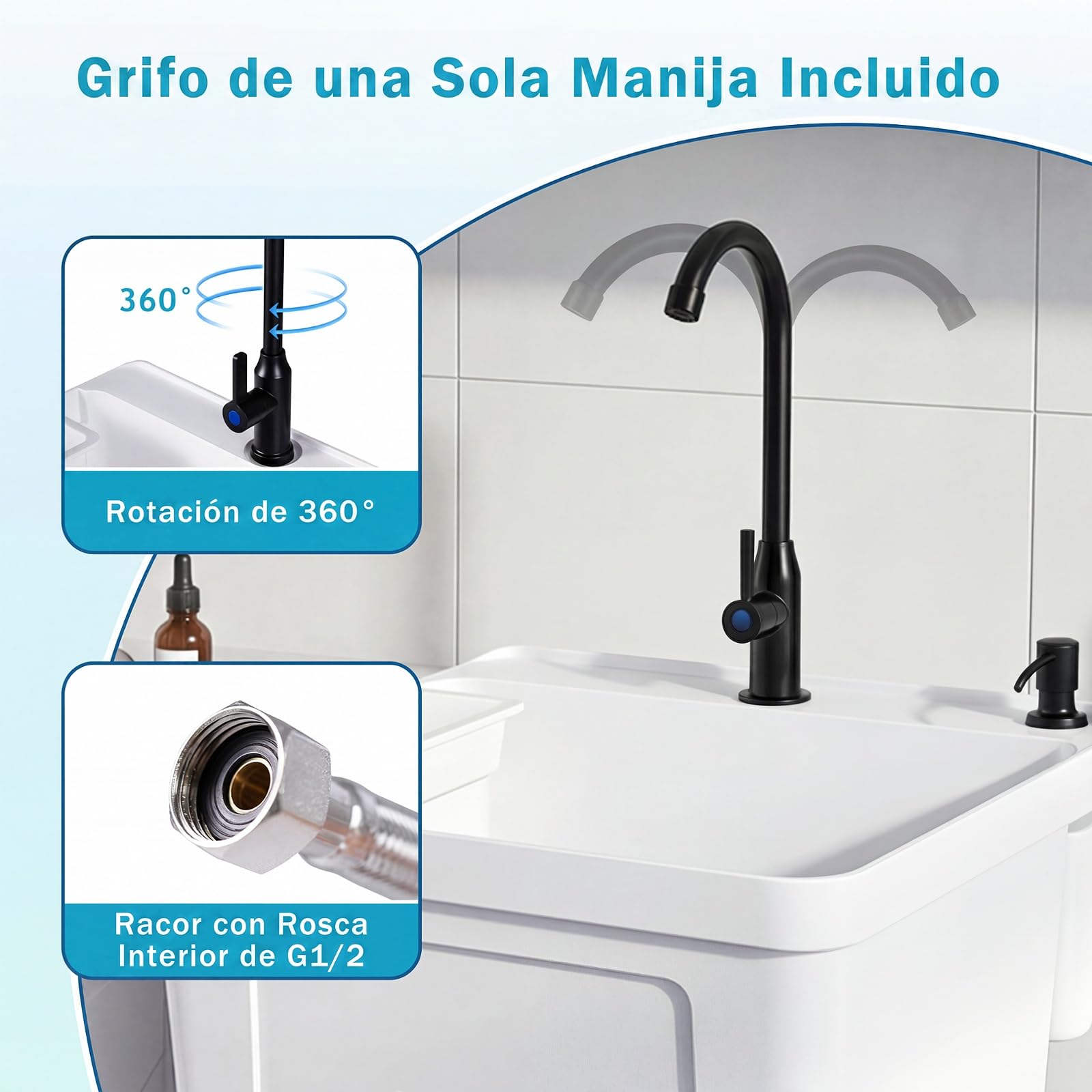COSTWAY Fregadero Utilitario de Plástico, Fregadero Portatil con Patas Metálicas, Grifo Giratorio 360°, Dispensador de Jabón, Jabonera y Estante, Pila de Lavar para Cocina Lavandería Garaje Jardín