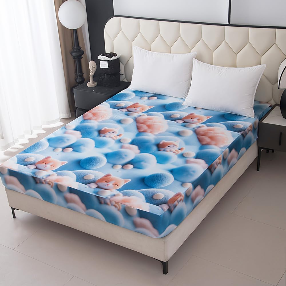 Bedding Fitted Sheet with Deep Pocket,3D Simulated Cats Pattern Printed Fabric Bed Sheets (Blue Cats,King)