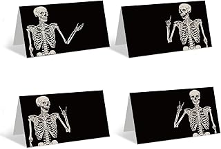 Whaline 60Pcs Halloween Place Cards 4.7 x 3.1 Inch Black Smiling Skeleton Tent Name Cards Blank Seat Assignment Label Cards for Party Table Setting Supplies