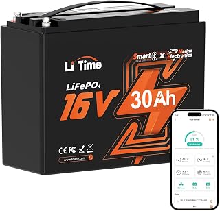 LiTime 16V 30Ah LiFePO4 Battery, Bluetooth 5.0, Low-temp Protection, 4000+ Deep Cycle, Built-in 30A BMS for Fish Finders, Sonar, Marine Radars