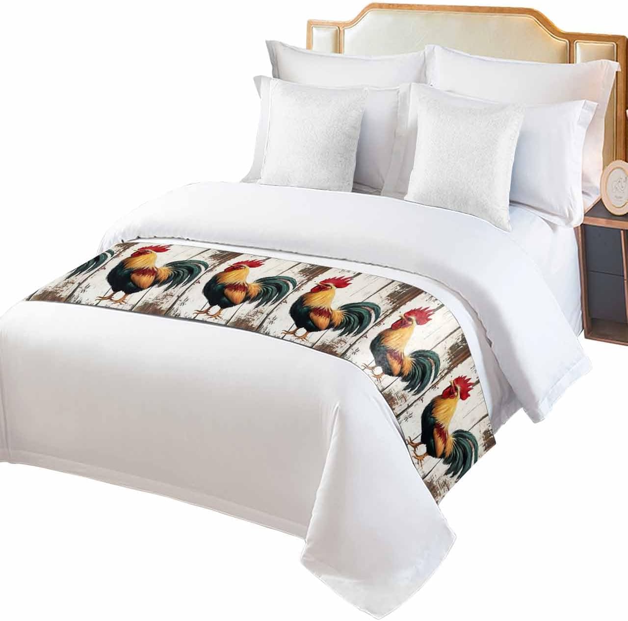Rustic Rooster Vintage Wood Grain Bed Runners for Bedroom Hotel,Decorative Bedding Scarf Watercolor Farm Animal Bed End Blanket Bedding Runner Scarves for King Size Bed,102x20in