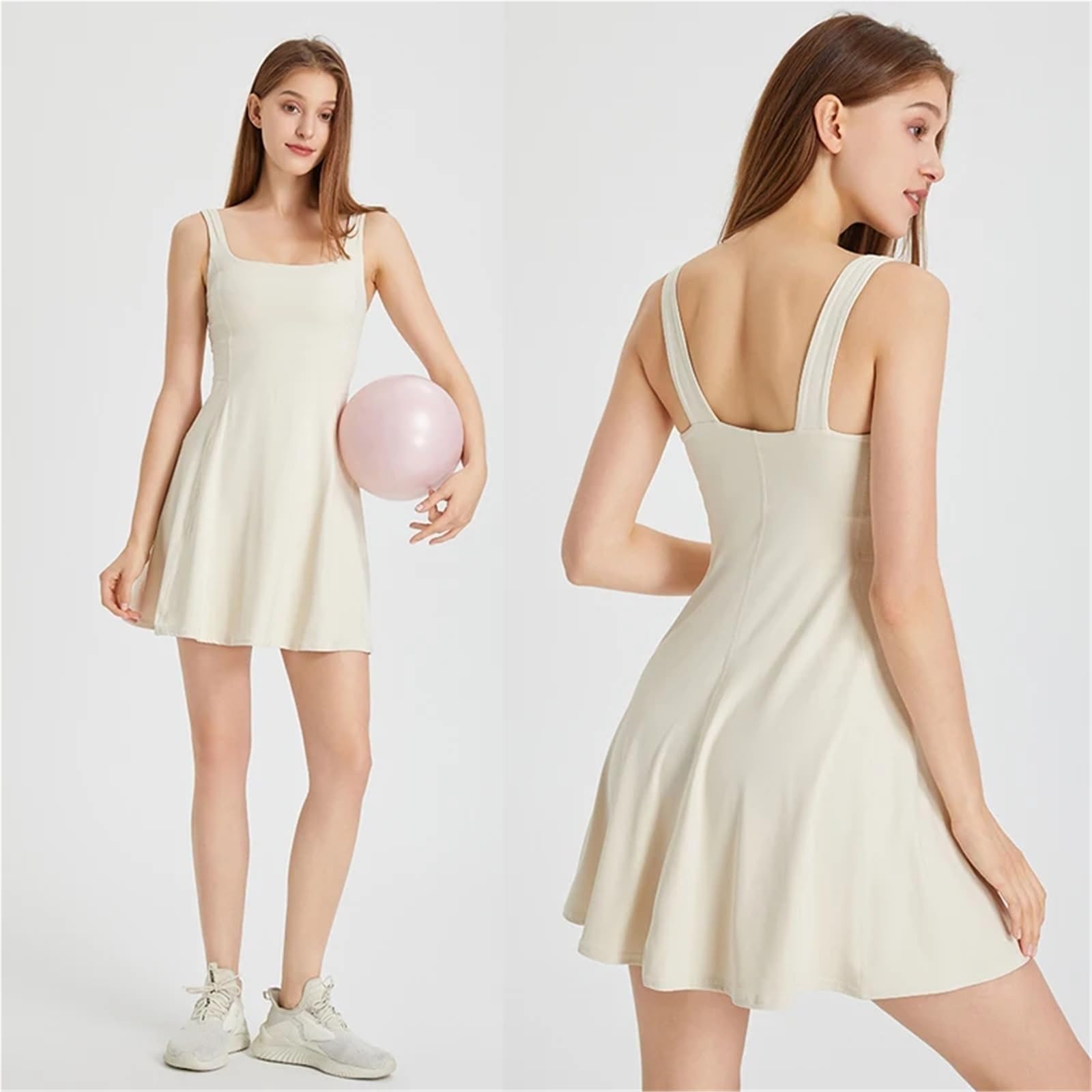 Tennis Dress Damen Sommer Tenniskleid Square Neck Pocket Sport Laufkleid Atmungsaktives Workout Kleid mit Brustpolstern Für Damen(Black,L)