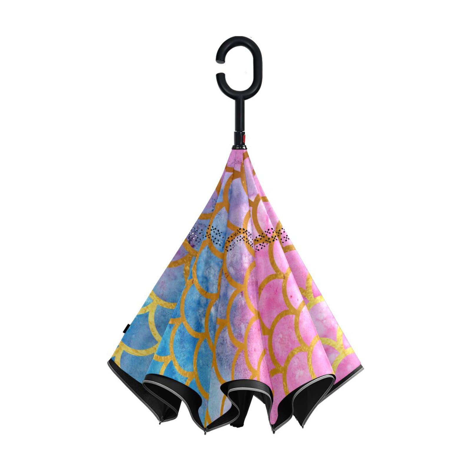 MNSRUU Doble capa invertida sirena acuarela peces escamas paraguas coches inversa viento lluvia paraguas para coche exterior con mango en forma de C protección UV a prueba de viento, Pink, L