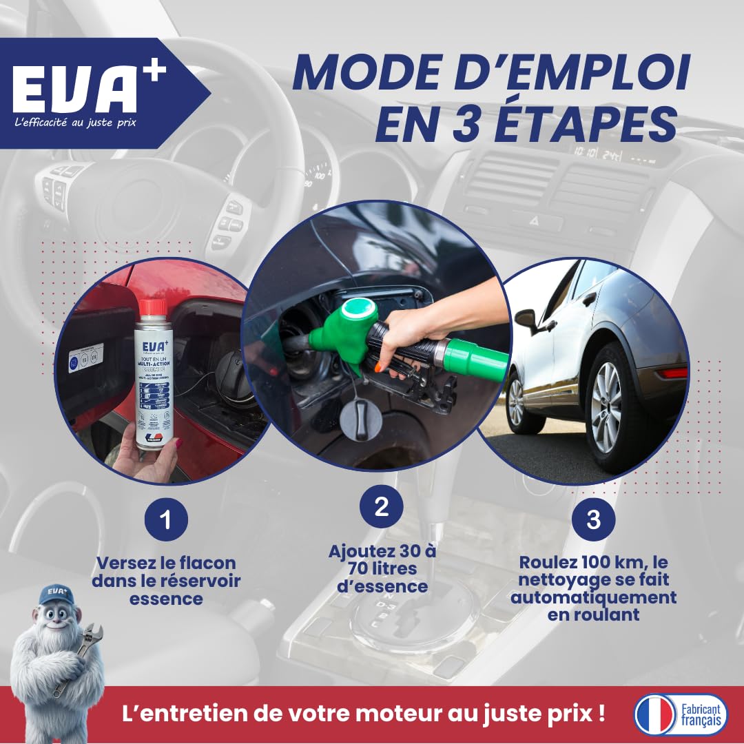 Décrassant Essence 5en1 300mL - EVA+ | EVAAD006 | Tout en Un Multi-action Sans Démontage | Nettoie Injecteurs EGR Turbo Catalyseur | Réduit Consommation | Nettoyant & Décalaminant Moteur Diesel