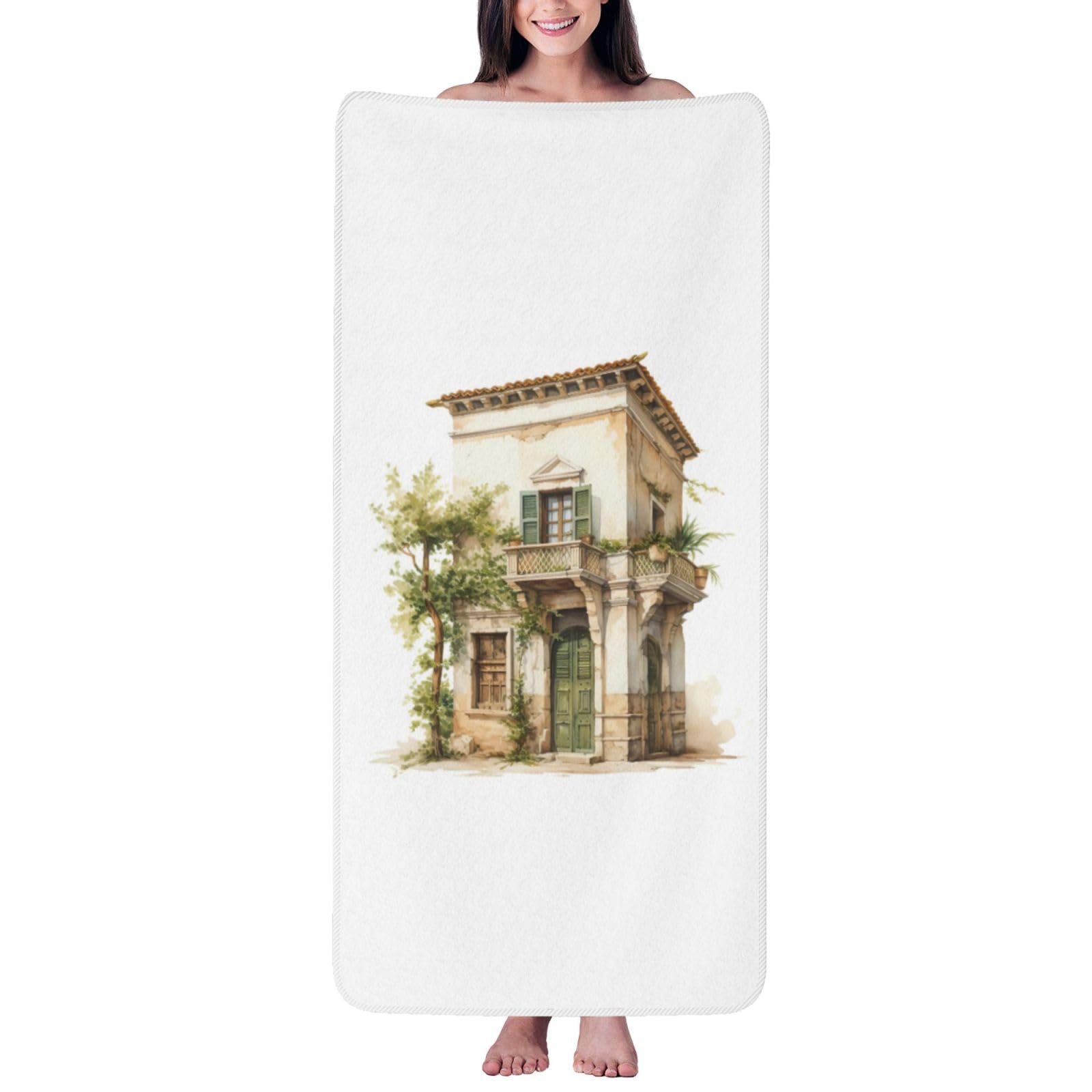 pojknbv Antique Building With Roman Olive Branch And Greek Print Comfortable Coral Velvet Bath Towel Home Bathroom Hotel Spa Beach Travel Holidays