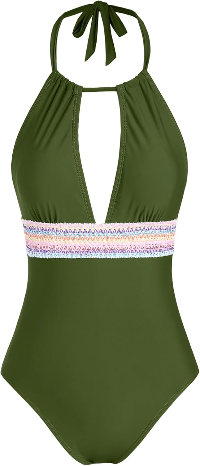 ZAFUL Women Tummy Control Swimsuits One Piece Slimming Modest Bathing Suit Color Block Drawstring Swim Suits