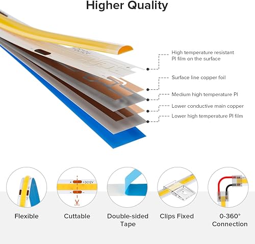 Miniatura 8 de Tira de luces LED COB de 16.4 pies, regulable, CC de 12 V, 2700 K, blanco cálido, tira COB, tira de luces adhesivas flexibles para decoración del