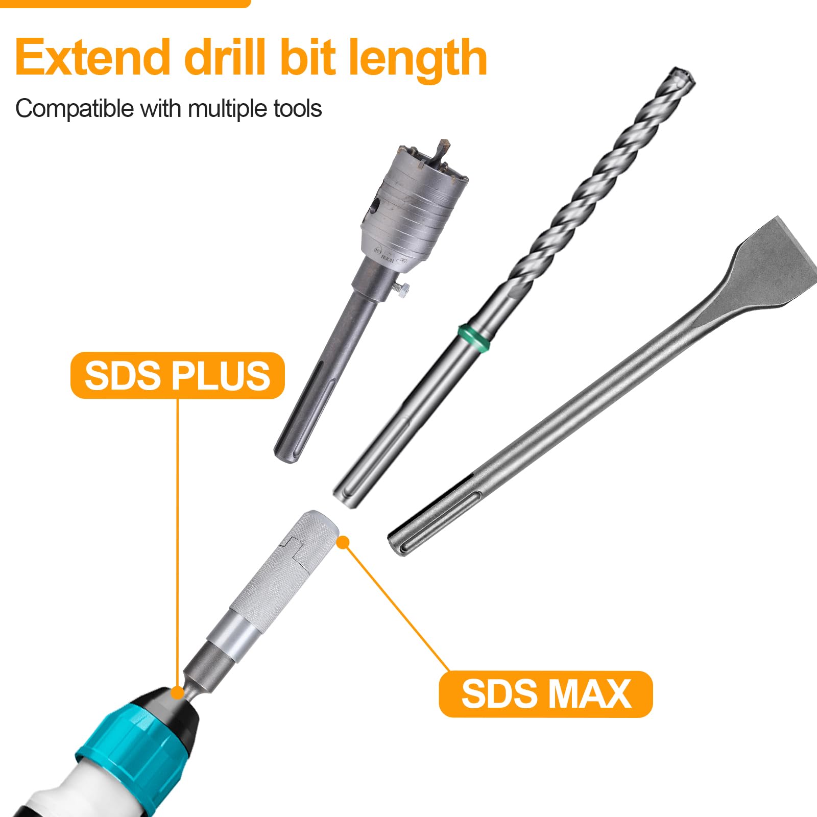 CPROSP Adattatore SDS PLUS a SDS MAX 200mm*30mm, Prolunga SDS con Grasso, per Prolungare la Lunghezza di Lavoro Delle Punte, Connettore per Martelli Demolitori e Utensili
