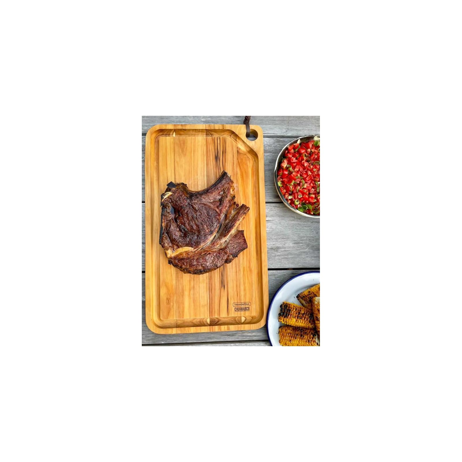 TRAMONTINA - Tabla Churrasco, Rectangular, para Asado, de Madera Teca y Acabado Natural, para Cortar Carne y Servir, Diseño Moderno, Tamaño de 49 x 28 cm