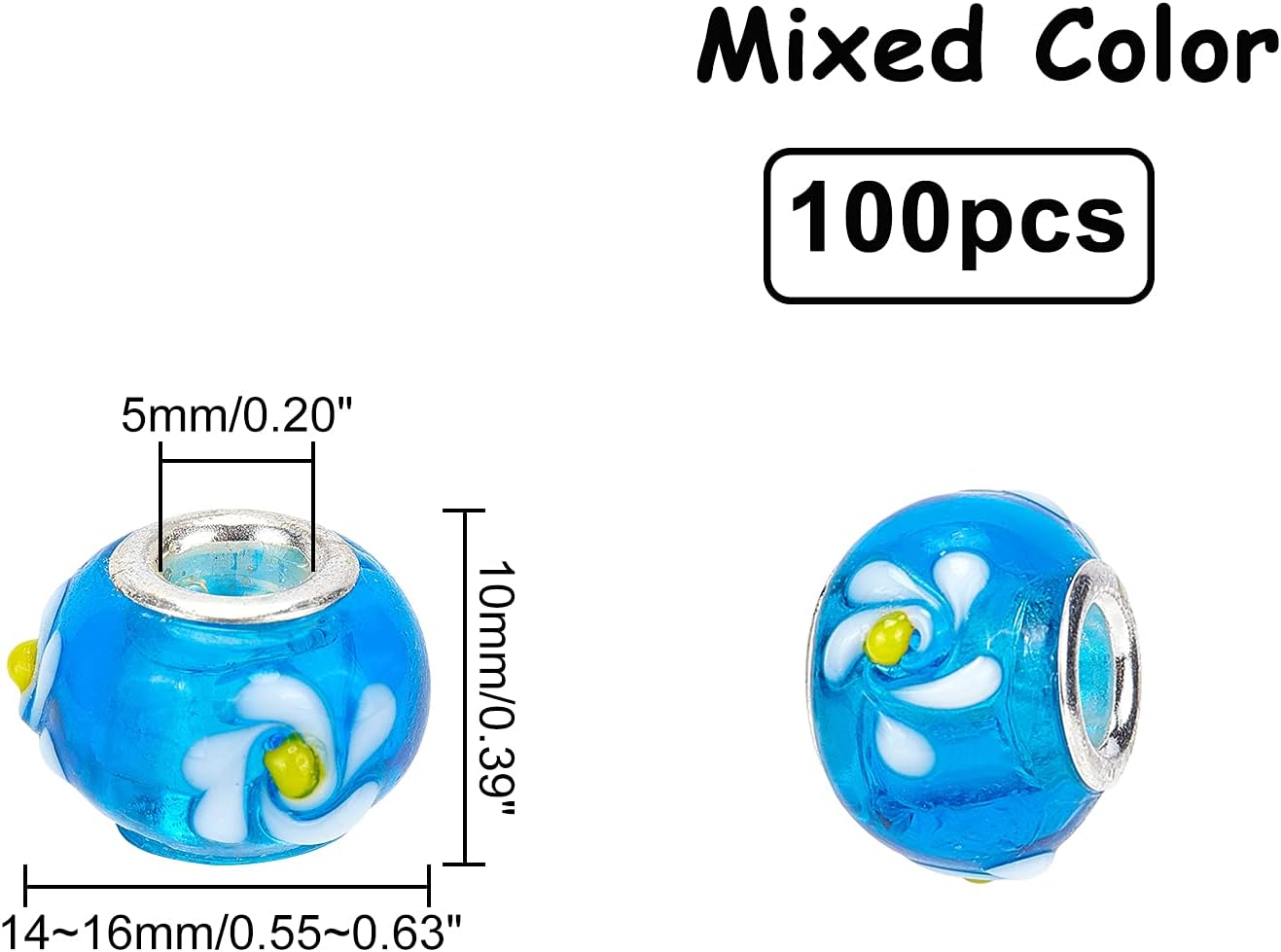 PH PandaHall 100 pcs Silver Lampwork Glass Beads Jewellery Charm Bracelets Necklace