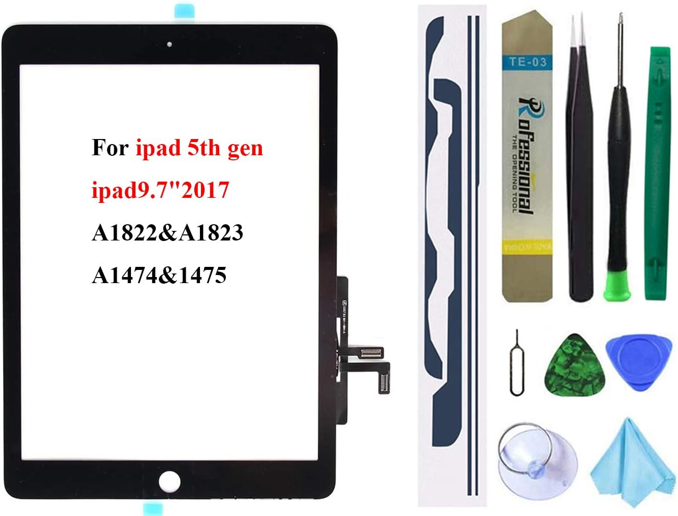 Dedia Black Touch Screen Replacement for iPad 5 2017 9.7 inch, A1822 A1823 A1474 A1475 Digitizer Glass Assembly Without Home Button (not Include LCD) + Pre-Installed Adhesive + Tool kit