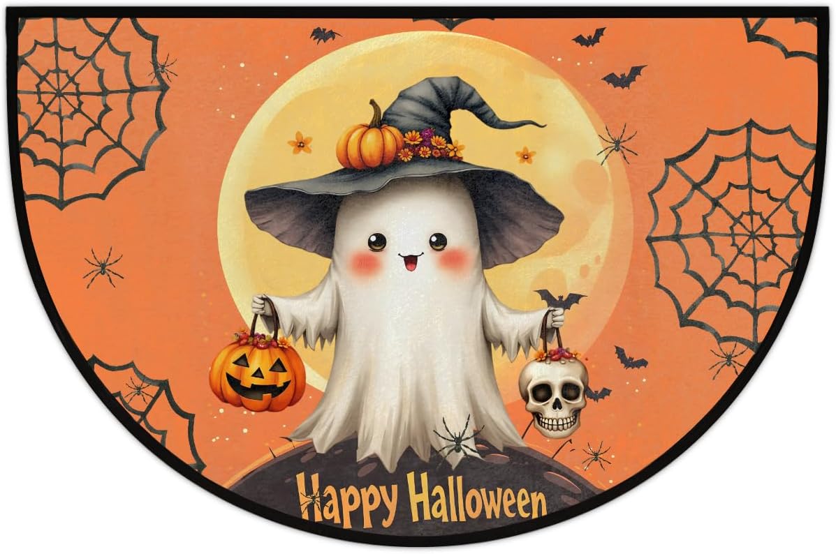Ghosts Cute Halloween Half Round Door Mat Non Slip Washable Semi Circle Area Rug Absorbent Soft Half Moon Rug Floor Mat for Indoor Outdoor Kitchen Bathroom Patio Front Door Mat Decor