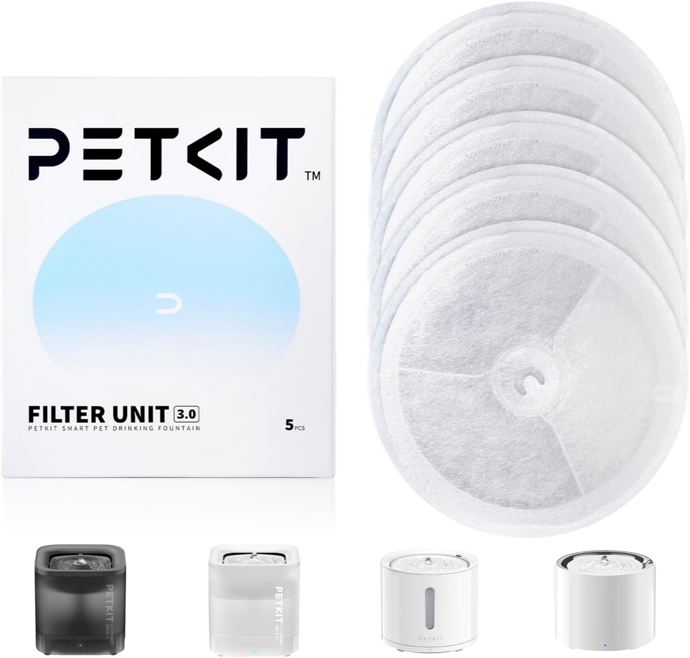 Upgraded Filter Units 3.0 for PETKIT Pet Water Fountains EVERSWEET 2S/3/3 Pro, EVERSWEET Solo/Solo SE Replacement Filters (5pcs)