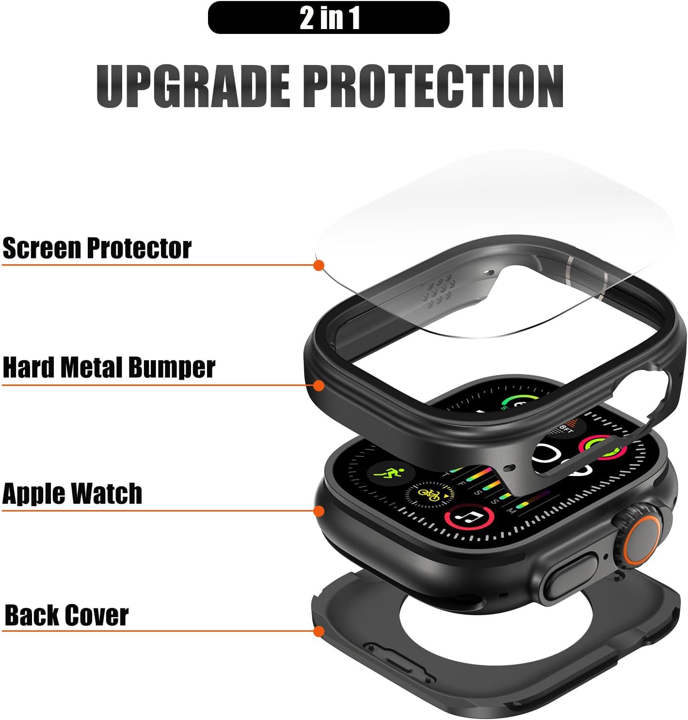 2 in 1 Metal Case Compatible with Apple Watch Ultra 3/2/1 49mm with Built-in Screen Protector, 360° Full Protective Shockproof Bumper Case with Back Cover for iWatch Ultra 3/2/1 49mm, Black