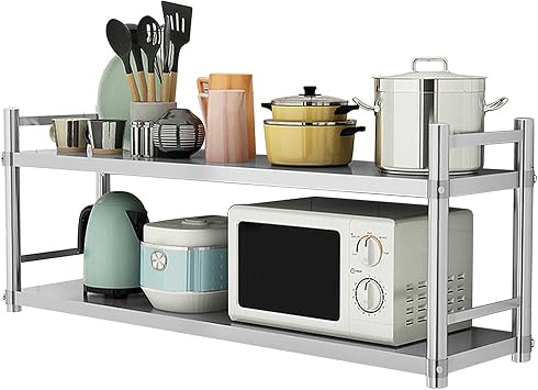 Storage Shelf,2-Tier Stainless Steel Shelving Unit,Kitchen Storage Shelf, Microwave Oven Rack Cookware Organizer Shelves, Wall-Mounted Storage Shelves with Guardrail80X30X55CM