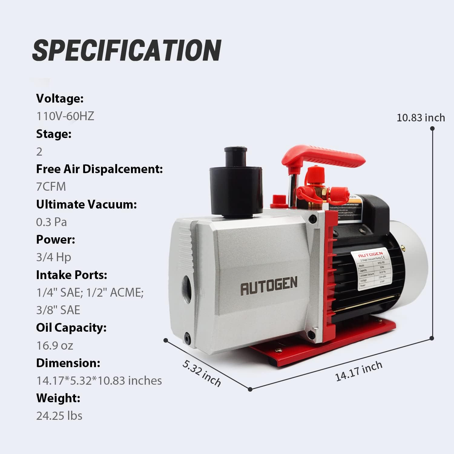 AUTOGEN 2-Stage Air Vacuum Pump 7CFM 0.3 Pa for HVAC/Auto AC Refrigerant Recharging, Degassing Wine, Milking Cow, Food Processing : Automotive