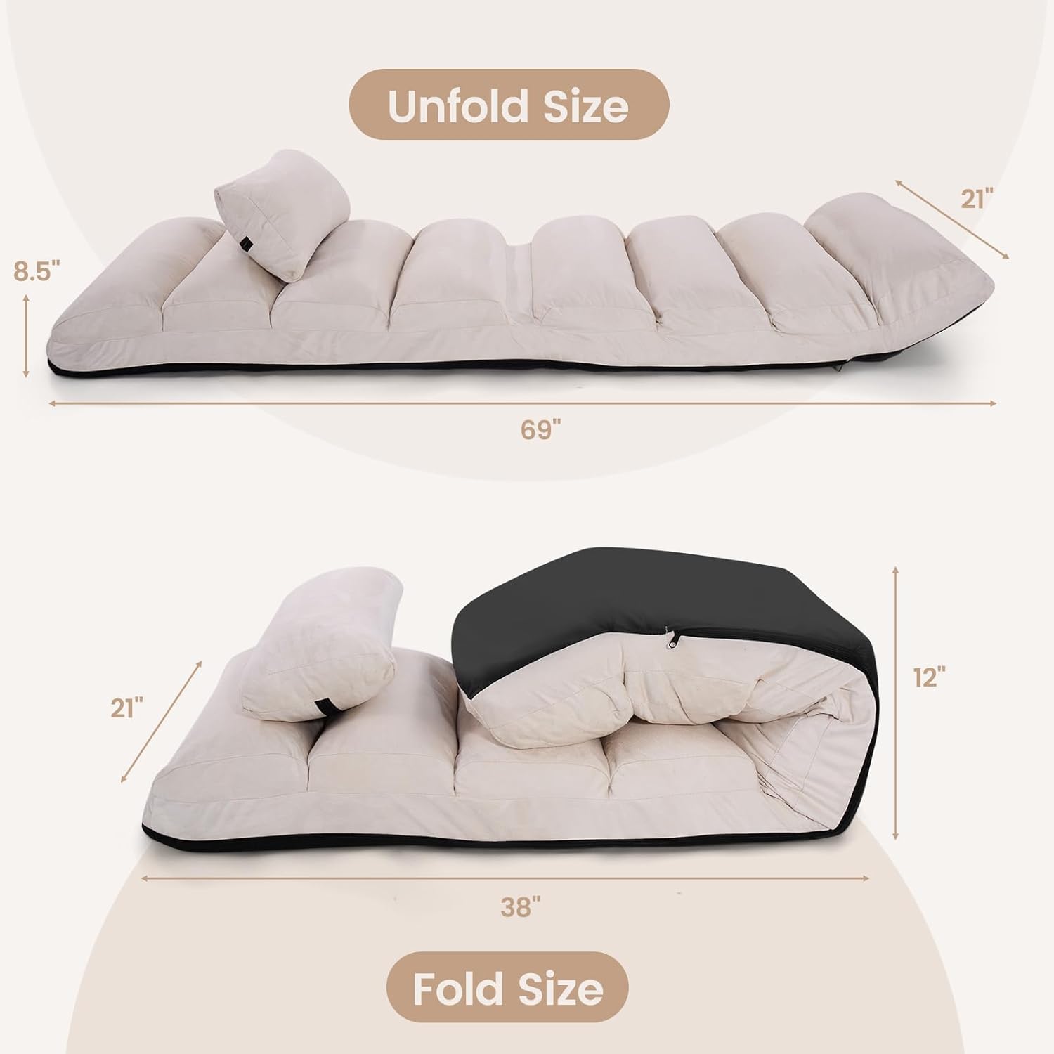 KOMFOTT Foldable Floor Lazy Sofa with Pillow, Indoor Chaise Lounge with 5 Adjustable Positions, Adjustable Back Support & Footrest, Video Gaming Chair for Home, Office, Reading, Watching (Beige)