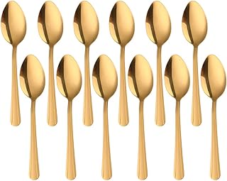 Dinner Spoons, MINGYU Set of 12 Stainless Steel Dessert Spoons, Gold cutlery set, Dishwasher Safe