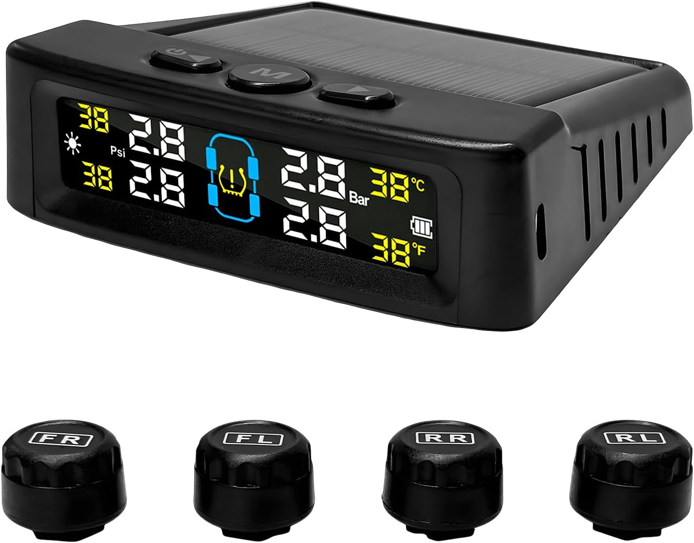 Tire Pressure Monitoring System, Tire Monitoring System with Solar & USB Charger, 4 External Sensors, 6 Alarm Modes, Auto On/Off Real-time LCD Display Tyre Pressure Monitor