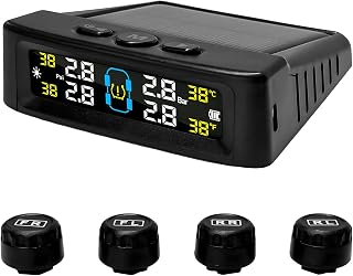 Tire Pressure Monitoring System, Tire Monitoring System with Solar & USB Charger, 4 External Sensors, 6 Alarm Modes, Auto On/Off Real-time LCD Display Tyre Pressure Monitor