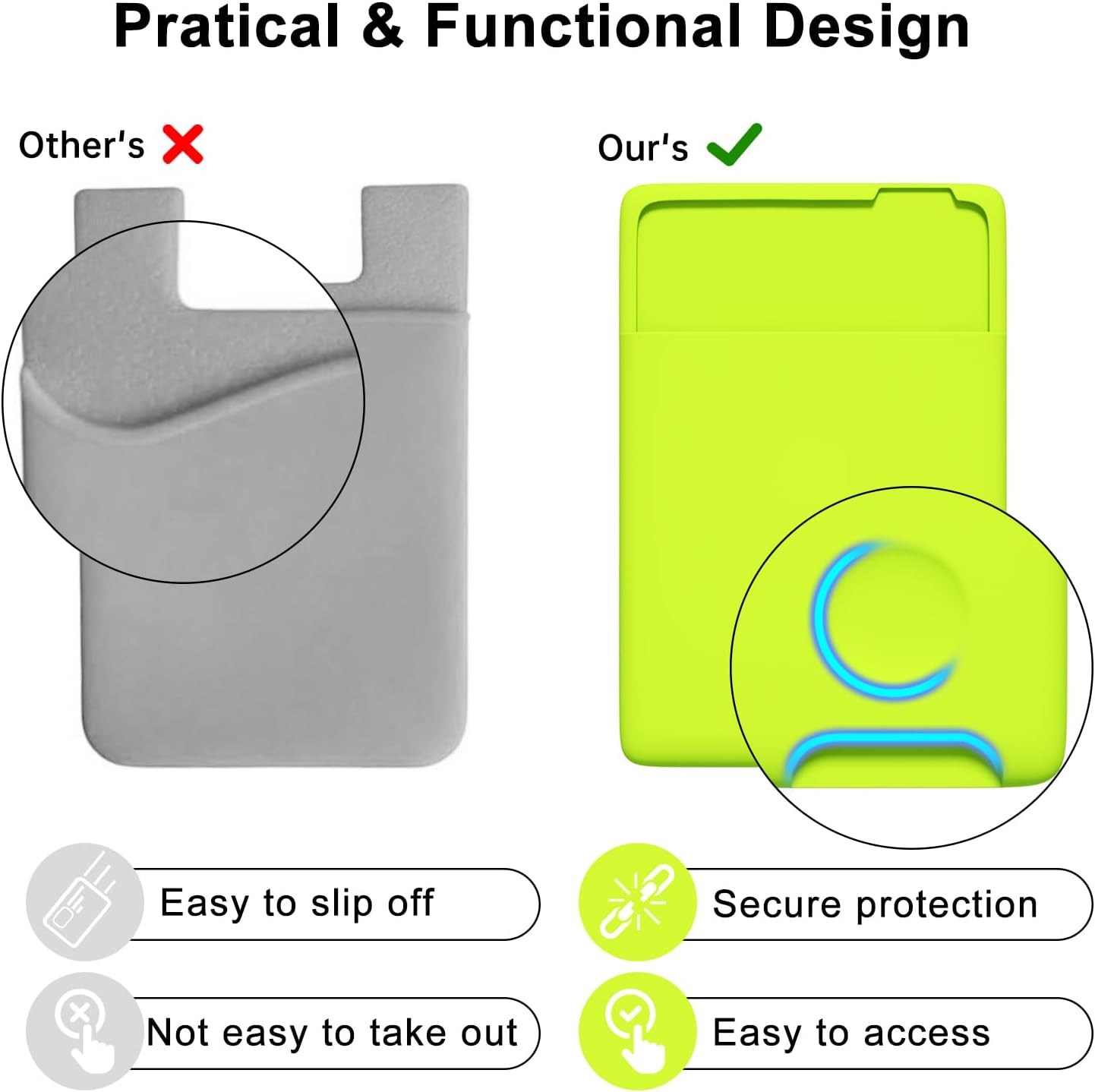 oakxco Phone Wallet Stick On, Secure Phone Card Holder Silicone, Adhesive Pocket Sleeve ID Credit Card, Slim Thin Card Case for Men Women Cute, Compatible with Apple iPhone Samsung Pixel, Neon Green - Image 4