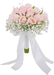 Wedding Bouquets for Bride Bridesmaids, Pink Artificial Roses Flowers Bridal Bouquets for Bride Wedding Decoration