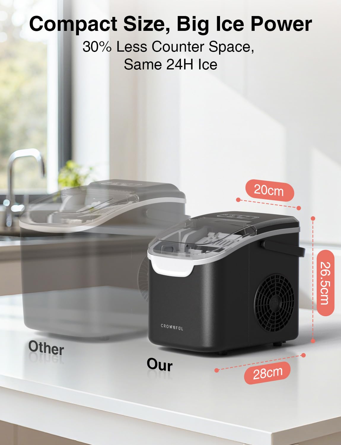 CROWNFUL Macchina per Ghiaccio Portatile, 8 Cubetti in 6 Minuti, Produttore di Ghiaccio Autopulente, 12 kg/24h, per Casa, Cucina, Ufficio, Bar e Feste (Nero)