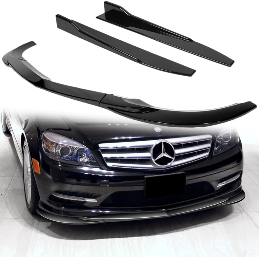 Q1-TECH, 5-Piece Front Bumper Lip + Side Skirt Rocker Winglet Canard Diffuser Wing Compatible with 2008-2011 Mercedes-Benz C300 / C350 Sedan W204, Front Lip Spoiler Body Splitter (Painted Black)