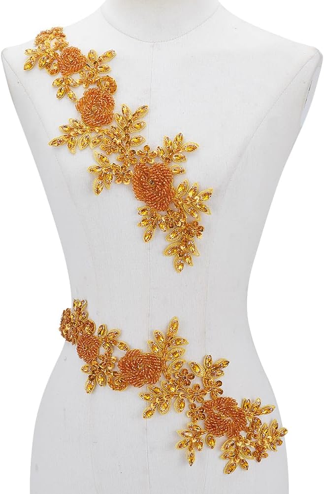 2pc Rhinestone Lace Applique 14.17×4.72in Sparkly Sewing Floral Rhinestone Applique Golden Beads Patch Crystal Patches Embroidery Lace Patches for Wedding Dress Decoration Clothes Accessory