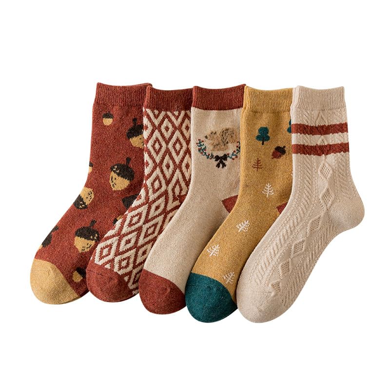 MarJunSep Wool Fall Boot Socks Women Teen Girls Thick Knit Vintage Cute Floral Hiking Winter Warm Crew Socks (US Alpha One Size Regular Regular 5 Pairs Autumn Squirrel Nut)