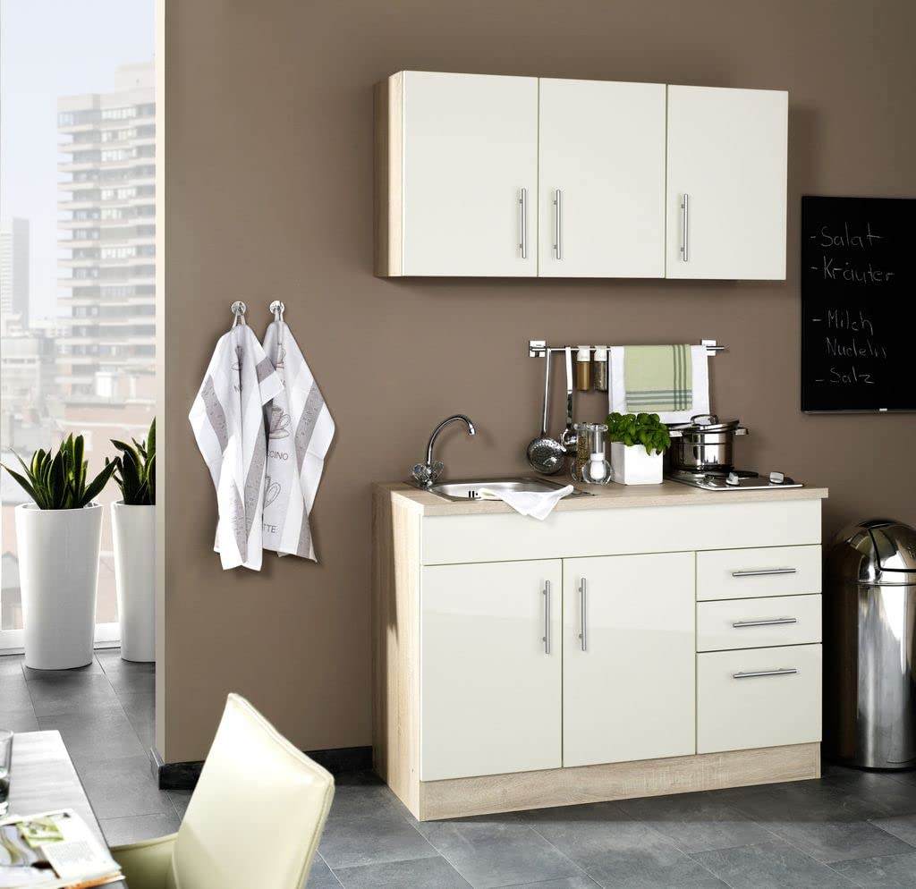 Toronto Singleküche 120 cm creme Hochglänzend – Kochmulde & Einbauspüle in Edelstahl
