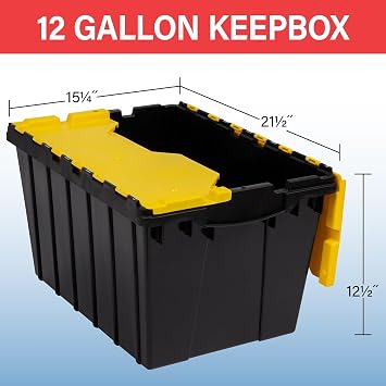 Akro-Mils KeepBox 12 Gal Storage Box, Lid Attached, Stackable, Black/Yellow
