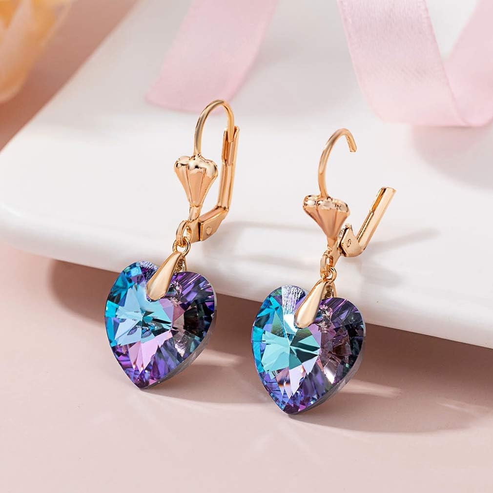 Austrian Crystal Heart Drop Leverback Earrings for Women Fashion Dangle Earring 14K Rose Gold Plated Hypoallergenic Jewelry - Image 3