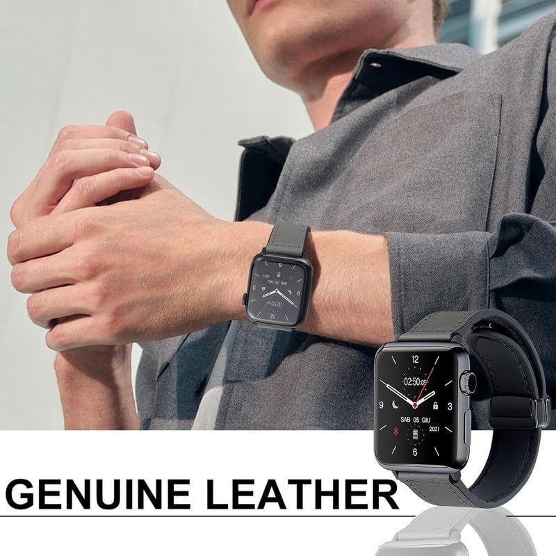 Image of Magnetic Leather Bands Compatible with Apple Watch 49mm 46mm 45mm 44mm 42mm | Genuine Leather with Magnetic Buckle for iWatch Ultra 2 Ultra SE Series 10 9 8 7 5 4 3