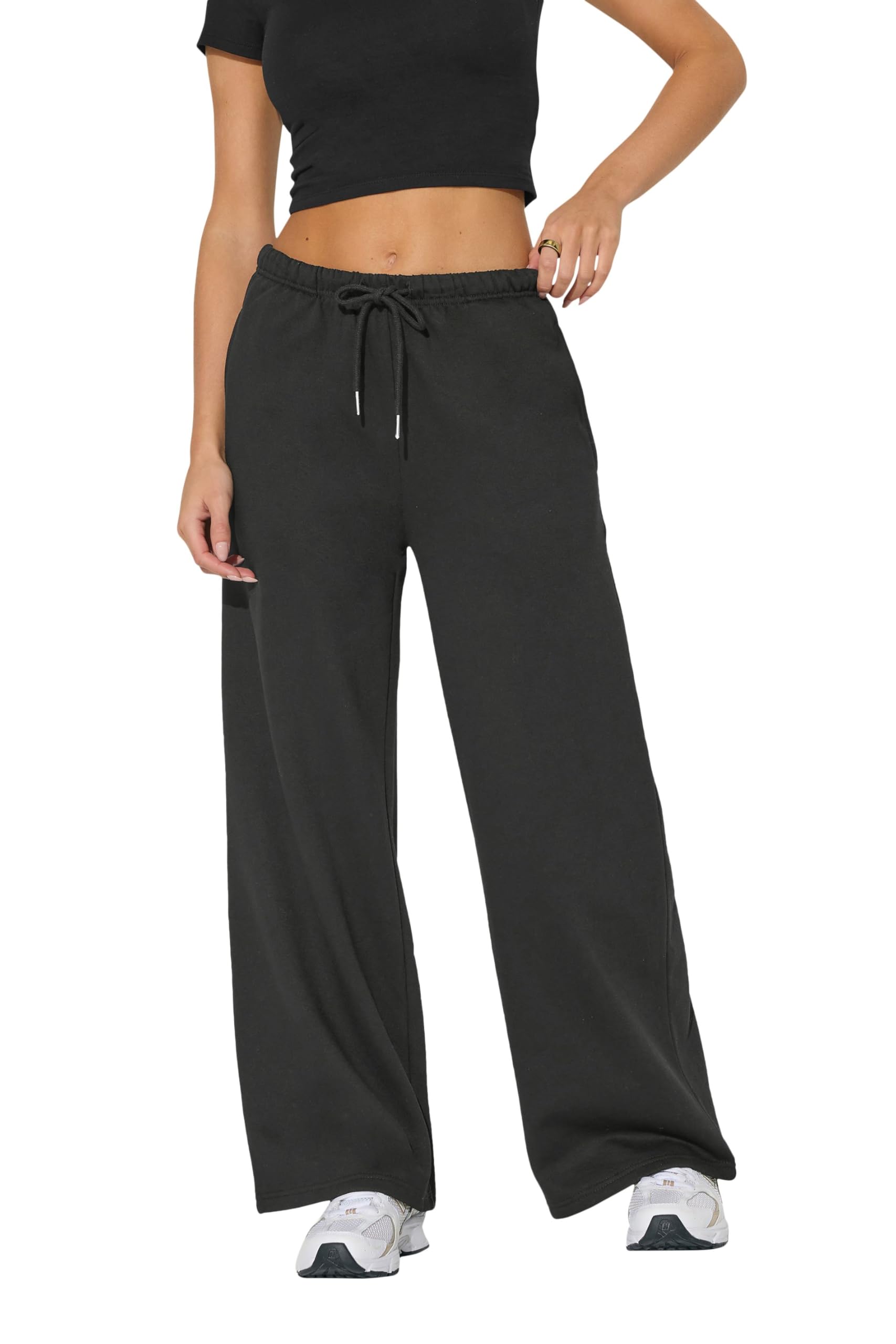 Pixiegirl Women's Black Petite Drawstring Wide Leg Joggers Petite