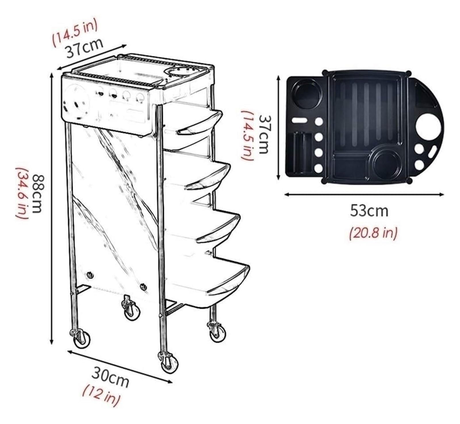Organizador de Carro utilitario de 4 Niveles: Carro de Servicio rodante for salón, Belleza y Tatuaje con 4 cajones y Ruedas(Red)