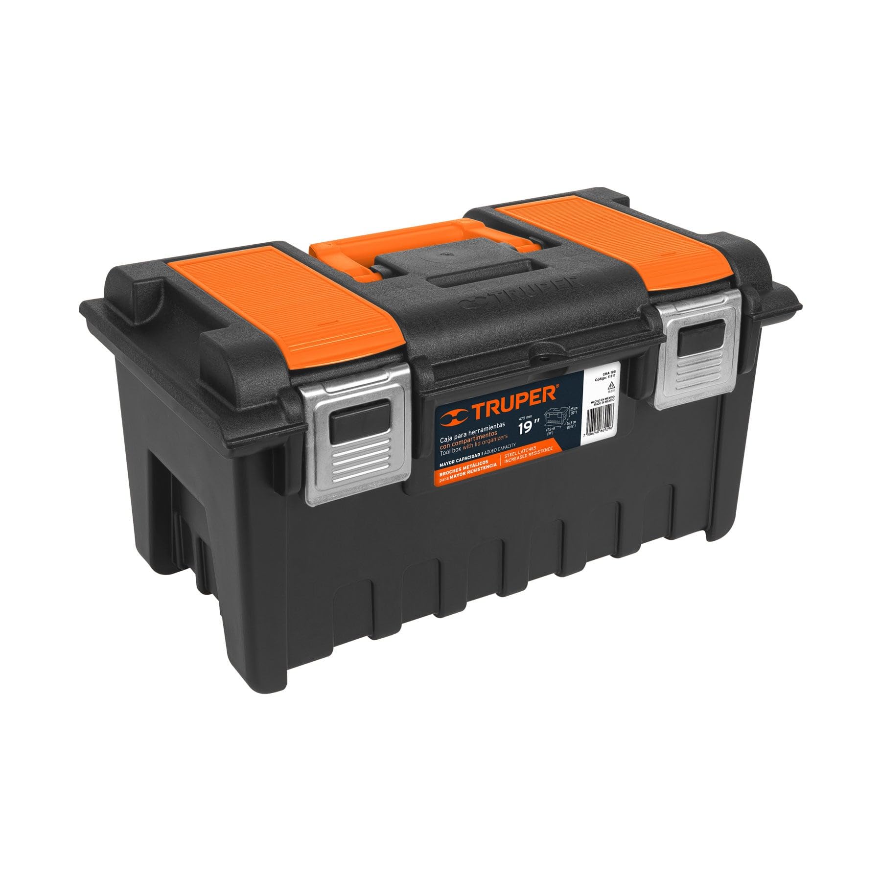 Plastic box 19 'c/compartments orange metallic brooch