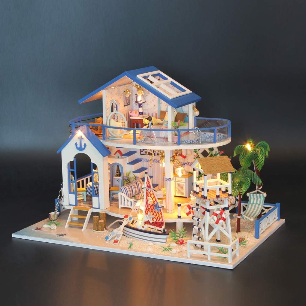 DIY Dollhouse Kit, Wooden Miniature Dollhouse with Furniture and Music, Tiny House Building Kit, DIY Miniature Kits to Build, Blue Sea Legend